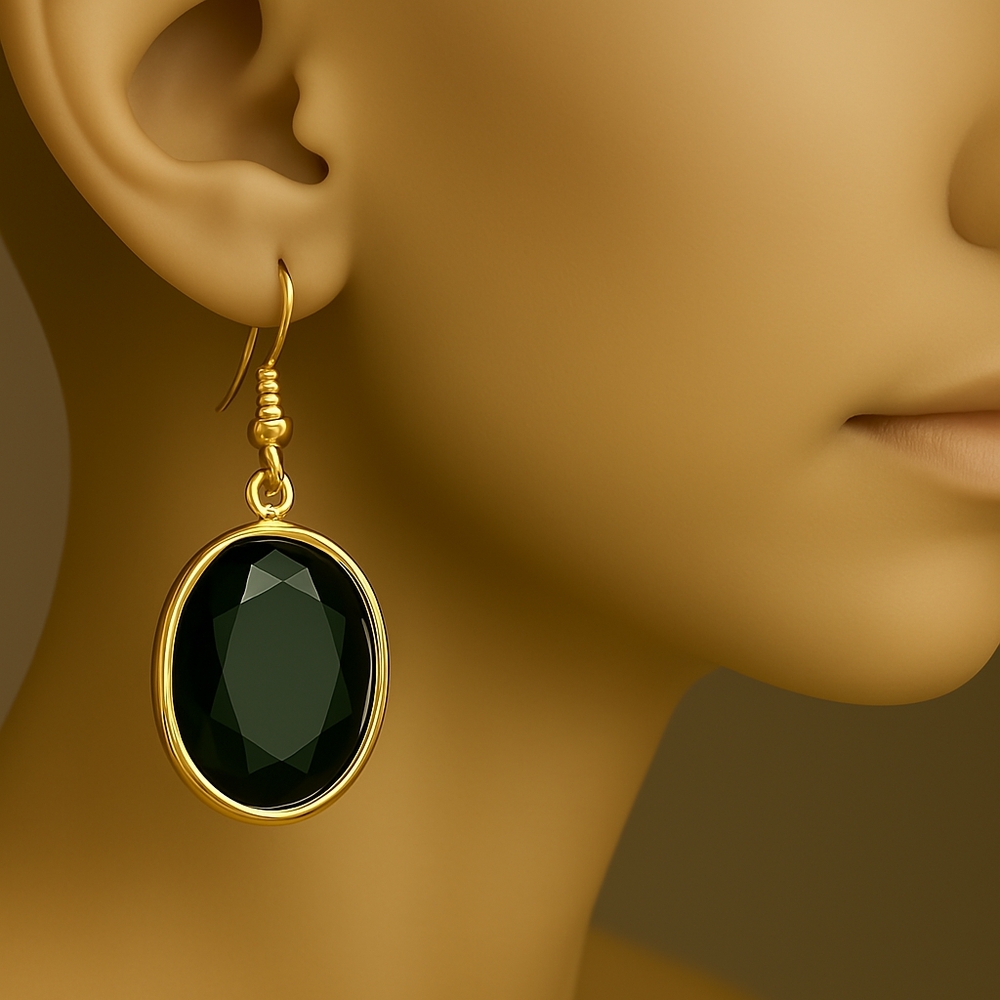 Gold Oval Dangle Earrings with Green Gem – 1.5'' Elegant & Lightweight Jewelry